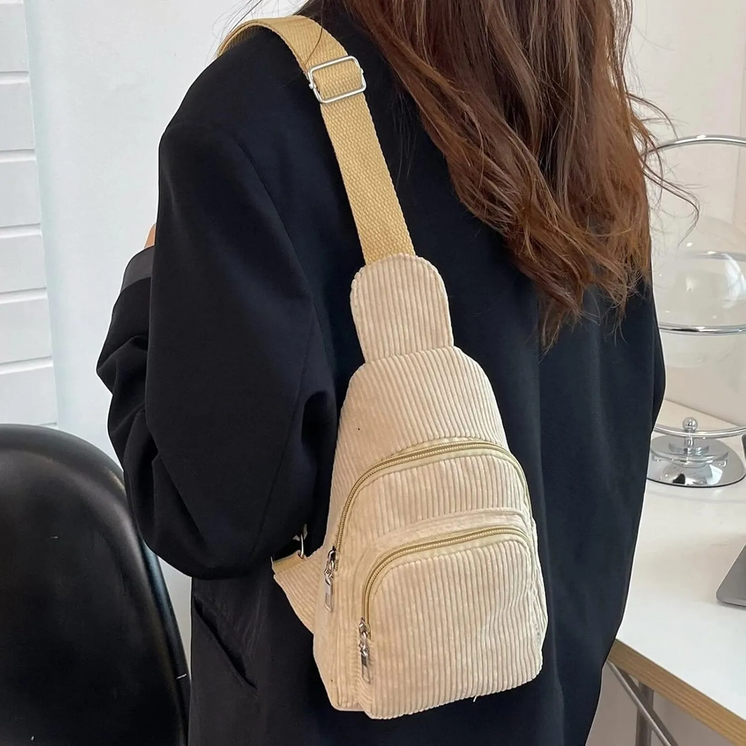 Trendy Corduroy Sling Bag Lightweight Chest Bags Versatile Crossbody Bags Anti Theft Travel Daypack for Women (Khaki, One Size)