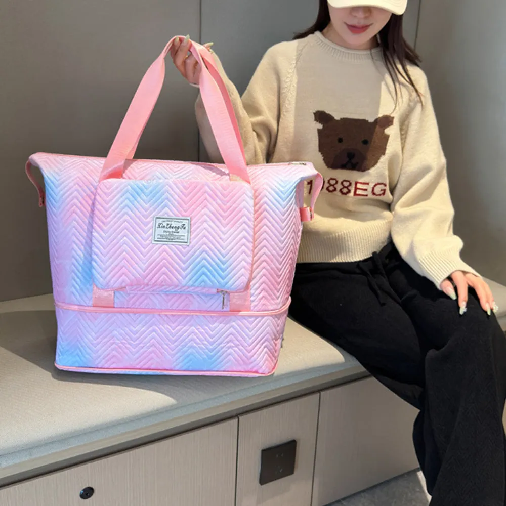 Trendy Gradient Duffle Bag Expandable Overnight Bag Foldable Carry On Bag with Dry Wet Separation Pocket Pink