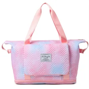 Trendy Gradient Duffle Bag Expandable Overnight Bag Foldable Carry On Bag with Dry Wet Separation Pocket Pink
