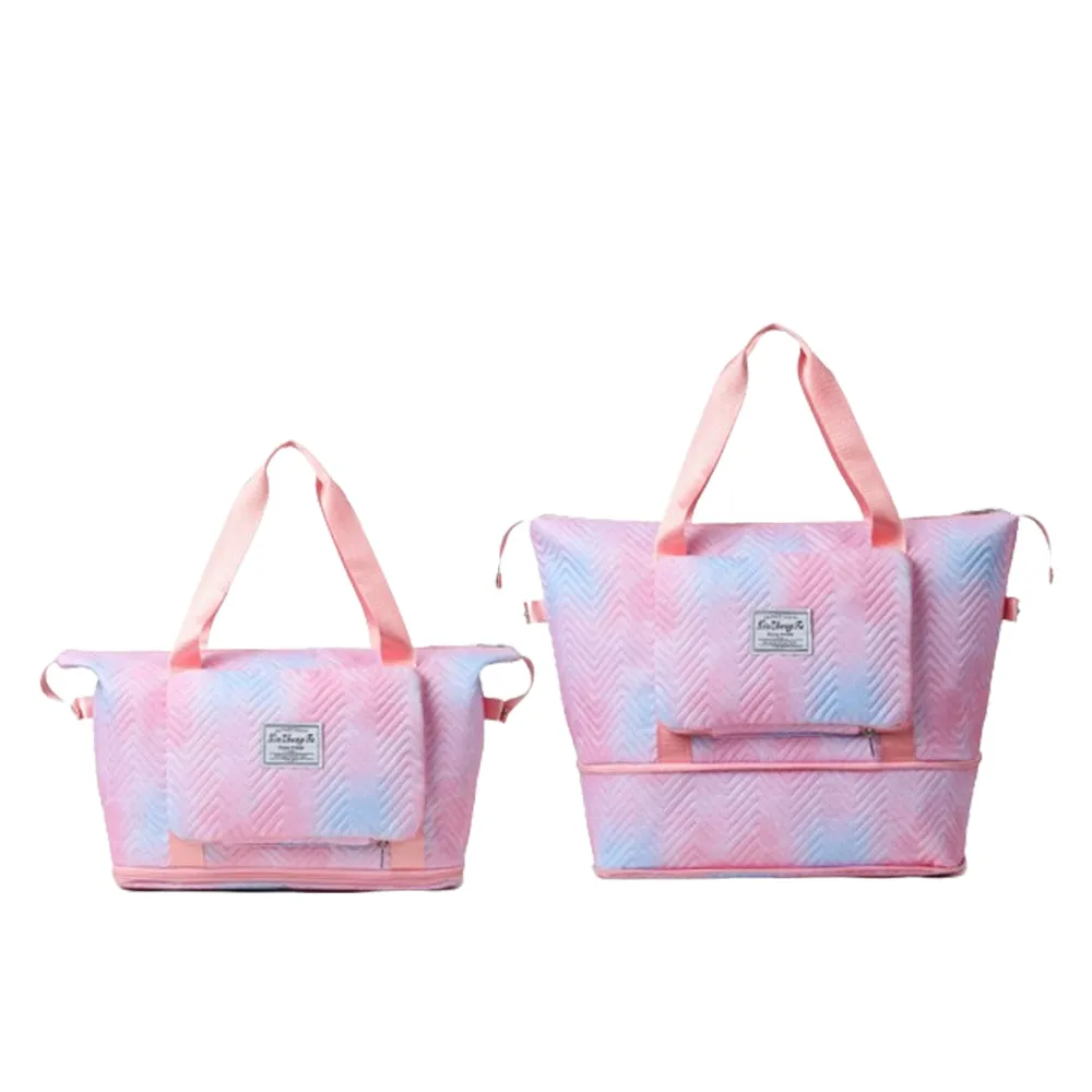Trendy Gradient Duffle Bag Expandable Overnight Bag Foldable Carry On Bag with Dry Wet Separation Pocket Pink