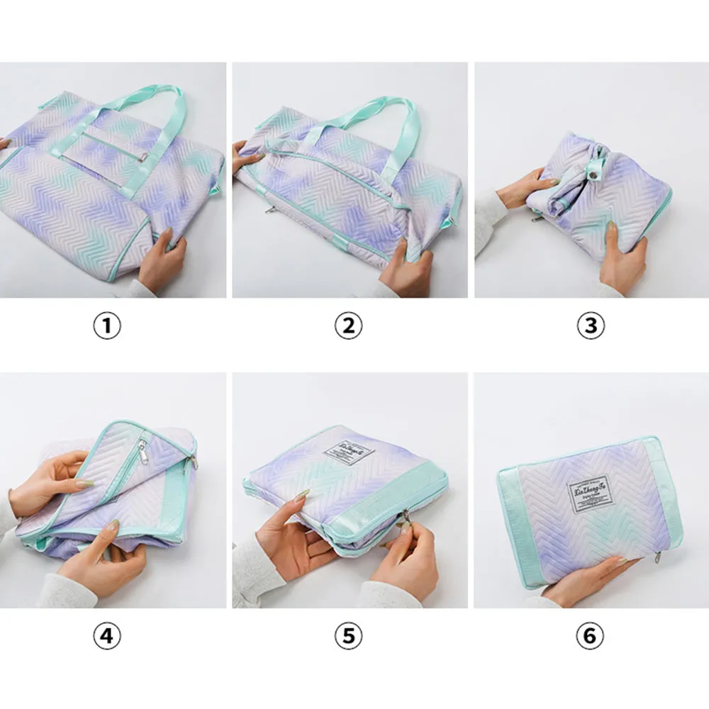 Trendy Gradient Duffle Bag Expandable Overnight Bag Foldable Carry On Bag with Dry Wet Separation Pocket Pink