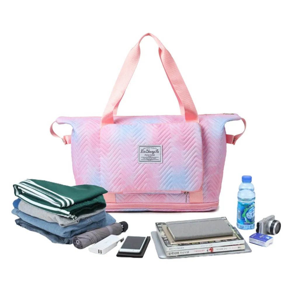 Trendy Gradient Duffle Bag Expandable Overnight Bag Foldable Carry On Bag with Dry Wet Separation Pocket Pink