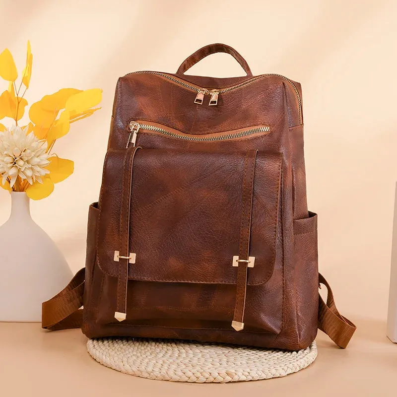 Trendy Women's Backpack Vintage Pu Leather Daypack Brown  Casual Travel Bag Retro Student School Bag Sac