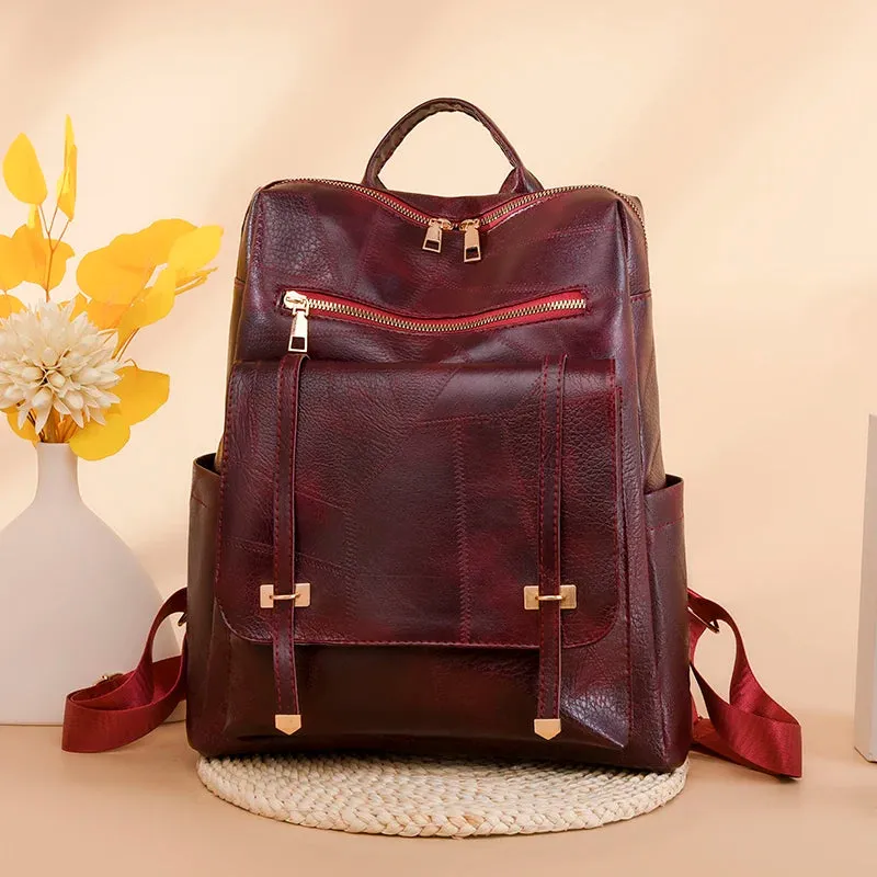 Trendy Women's Backpack Vintage Pu Leather Daypack Brown  Casual Travel Bag Retro Student School Bag Sac