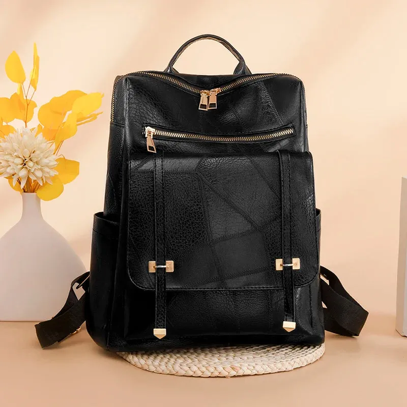 Trendy Women's Backpack Vintage Pu Leather Daypack Brown  Casual Travel Bag Retro Student School Bag Sac
