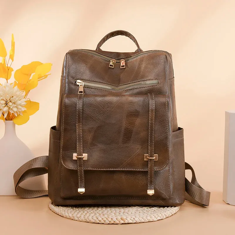 Trendy Women's Backpack Vintage Pu Leather Daypack Brown  Casual Travel Bag Retro Student School Bag Sac