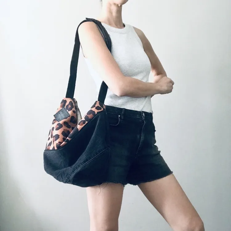 Upcycled denim x leopard hobo bag