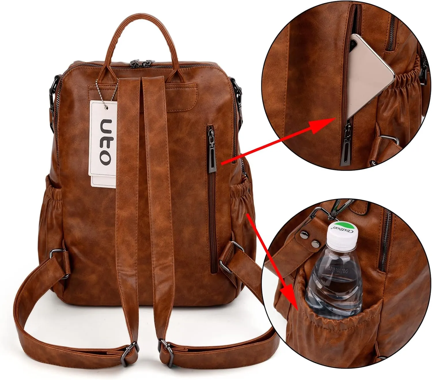 UTO Women's Backpack, PU Washed Leather, Fashionable, Multifunctional Backpack with Tassel Design, Casual Shoulder Bags, Womens Bag, Multiple Compartments, School Backpack, Women's Handbags