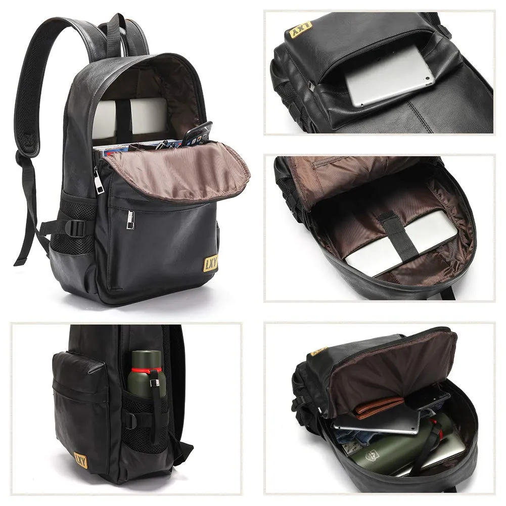 Vegan Backpack Leather Bookbag for Women Men, LXY Vintage Laptop Backpack Black Faux Leather Backpack Campus School College Bookbag Travel Daypack