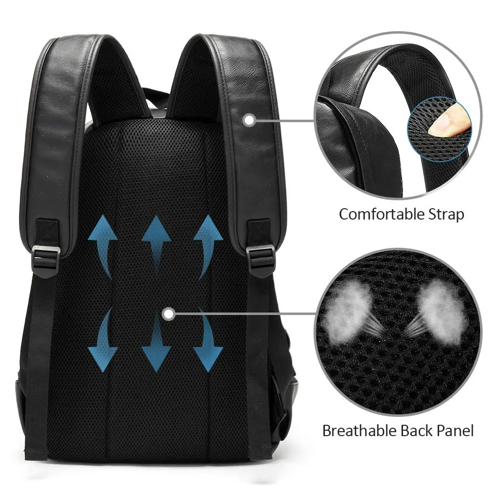 Vegan Backpack Leather Bookbag for Women Men, LXY Vintage Laptop Backpack Black Faux Leather Backpack Campus School College Bookbag Travel Daypack