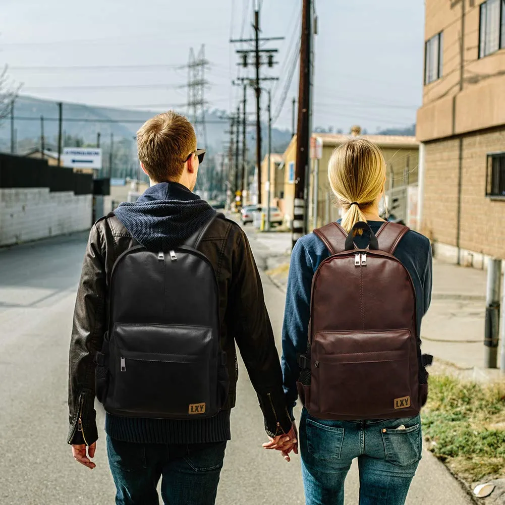 Vegan Backpack Leather Bookbag for Women Men, LXY Vintage Laptop Backpack Black Faux Leather Backpack Campus School College Bookbag Travel Daypack