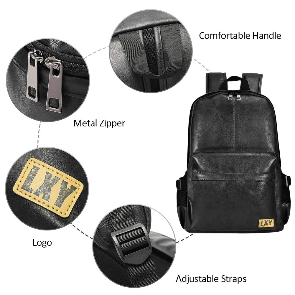 Vegan Backpack Leather Bookbag for Women Men, LXY Vintage Laptop Backpack Black Faux Leather Backpack Campus School College Bookbag Travel Daypack