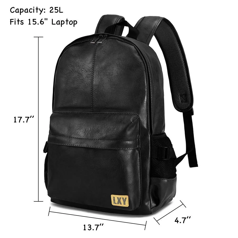 Vegan Backpack Leather Bookbag for Women Men, LXY Vintage Laptop Backpack Black Faux Leather Backpack Campus School College Bookbag Travel Daypack