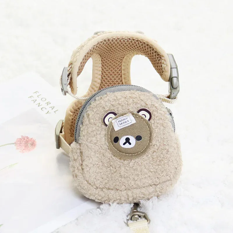 Wam Dog Backpack Harness with Leash Set Warm Lamb Wool Cartoon Bear Pet Puppy Harness for Small Animal Carrier Lead Products