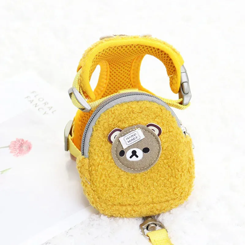 Wam Dog Backpack Harness with Leash Set Warm Lamb Wool Cartoon Bear Pet Puppy Harness for Small Animal Carrier Lead Products