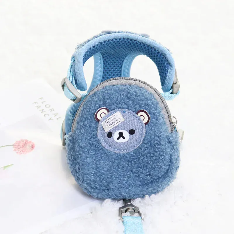 Wam Dog Backpack Harness with Leash Set Warm Lamb Wool Cartoon Bear Pet Puppy Harness for Small Animal Carrier Lead Products