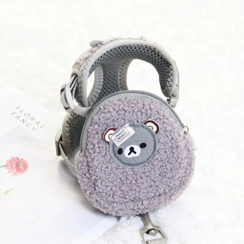 Wam Dog Backpack Harness with Leash Set Warm Lamb Wool Cartoon Bear Pet Puppy Harness for Small Animal Carrier Lead Products