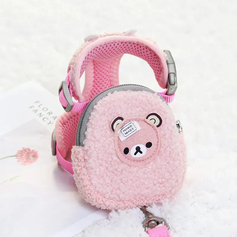 Wam Dog Backpack Harness with Leash Set Warm Lamb Wool Cartoon Bear Pet Puppy Harness for Small Animal Carrier Lead Products