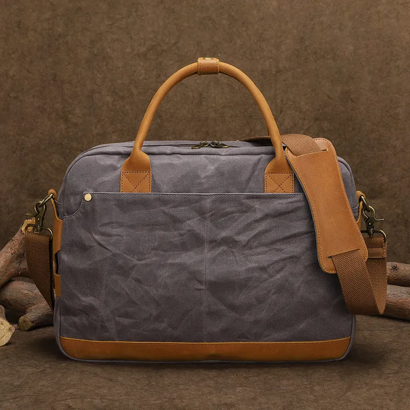 Waxed Canvas Briefcase with Crazy Horse Leather for Laptop