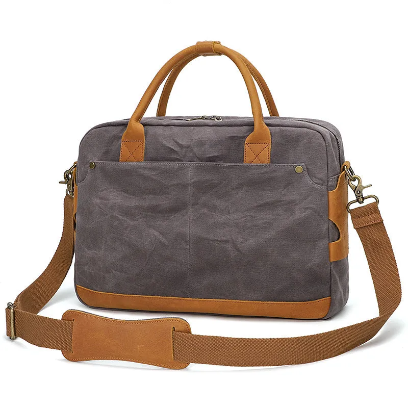 Waxed Canvas Briefcase with Crazy Horse Leather for Laptop