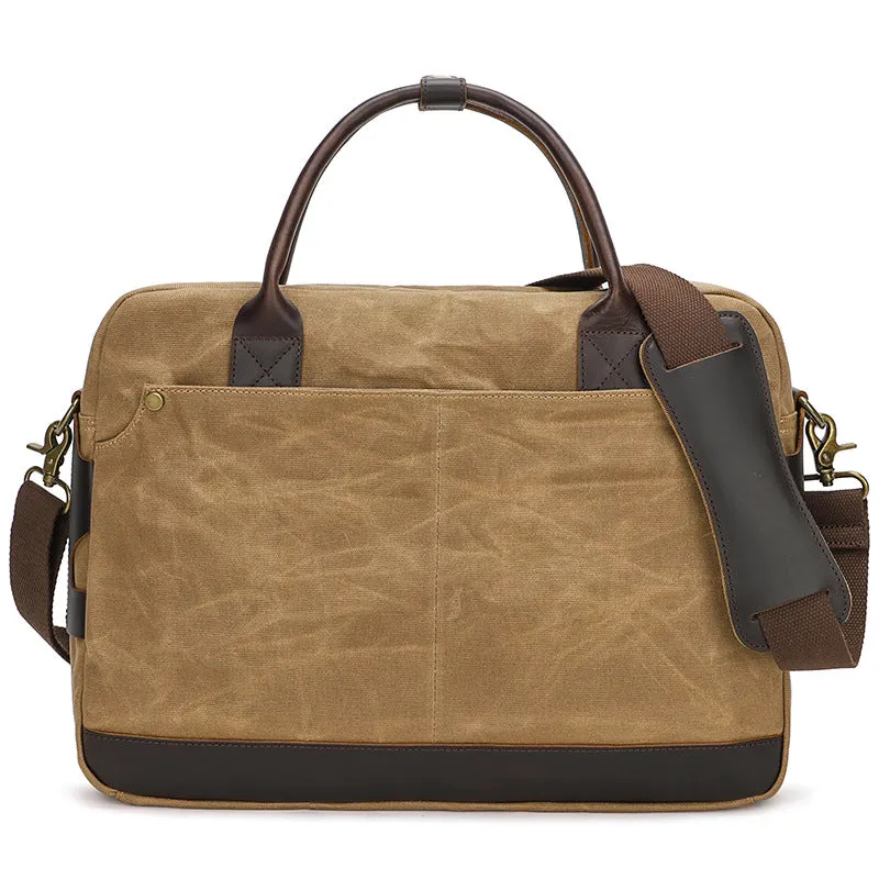 Waxed Canvas Briefcase with Crazy Horse Leather for Laptop