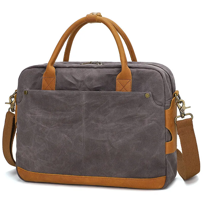 Waxed Canvas Briefcase with Crazy Horse Leather for Laptop