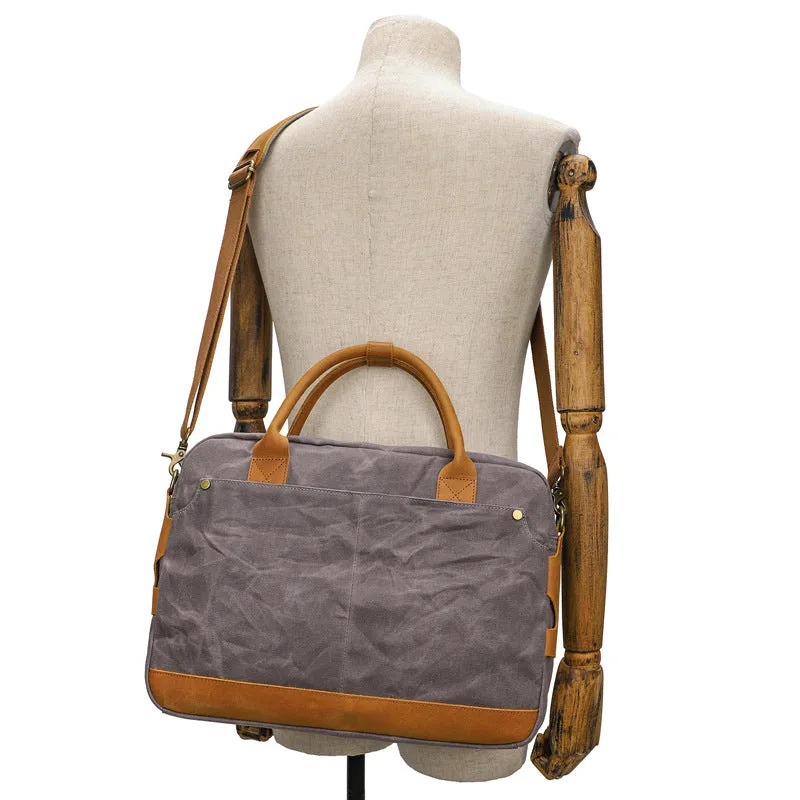 Waxed Canvas Briefcase with Crazy Horse Leather for Laptop