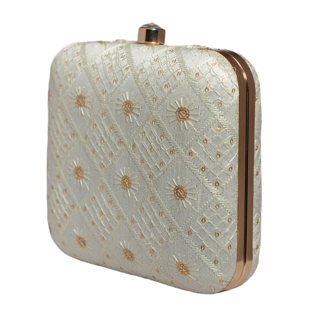 White Box Pattern Sequins Embroidery Clutch