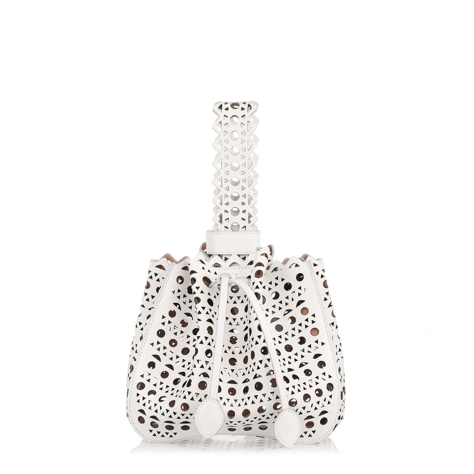 White leather laser-cut bucket bag