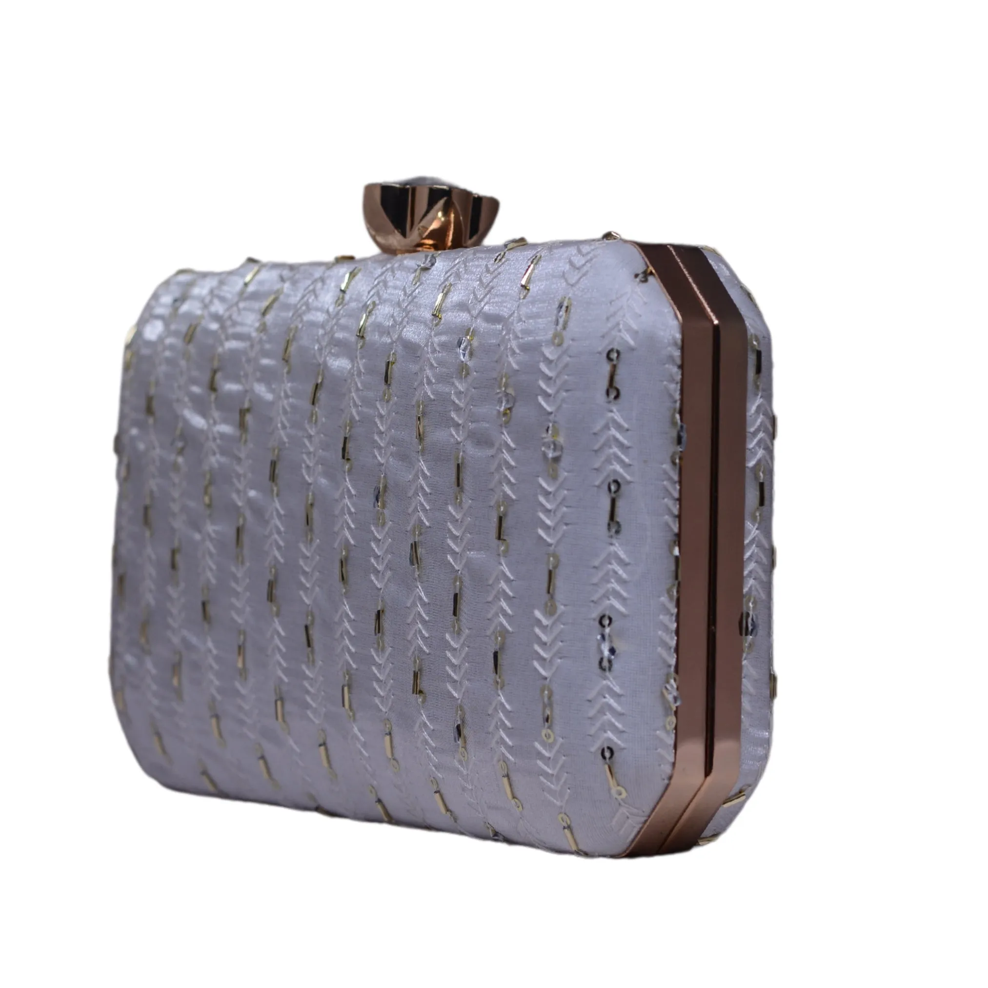 White Thread Embroidery Fabric Clutch