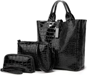 Women Crocodile Pattern Tote Bag Patent Leather Shoulder Bags Coin Purse