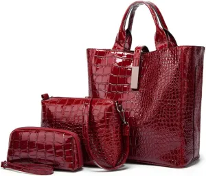 Women Crocodile Pattern Tote Bag Patent Leather Shoulder Bags Coin Purse