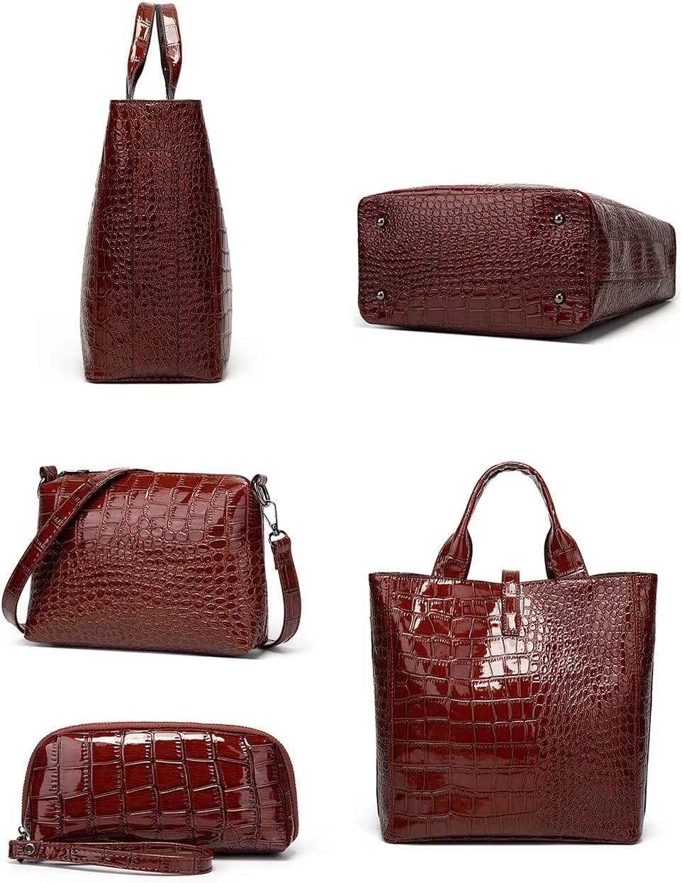 Women Crocodile Pattern Tote Bag Patent Leather Shoulder Bags Coin Purse