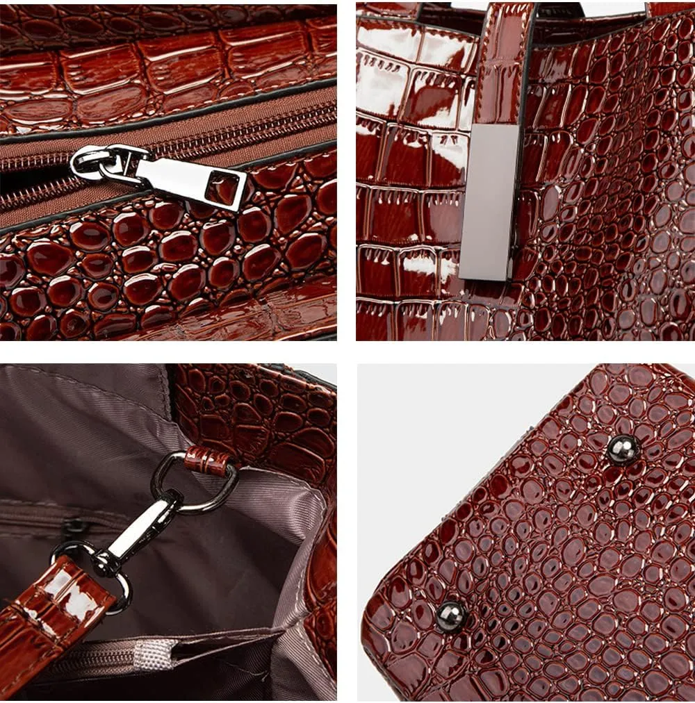 Women Crocodile Pattern Tote Bag Patent Leather Shoulder Bags Coin Purse