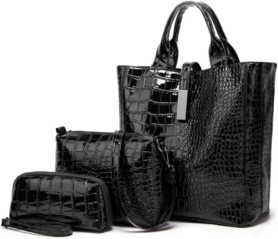 Women Crocodile Pattern Tote Bag Patent Leather Shoulder Bags Coin Purse