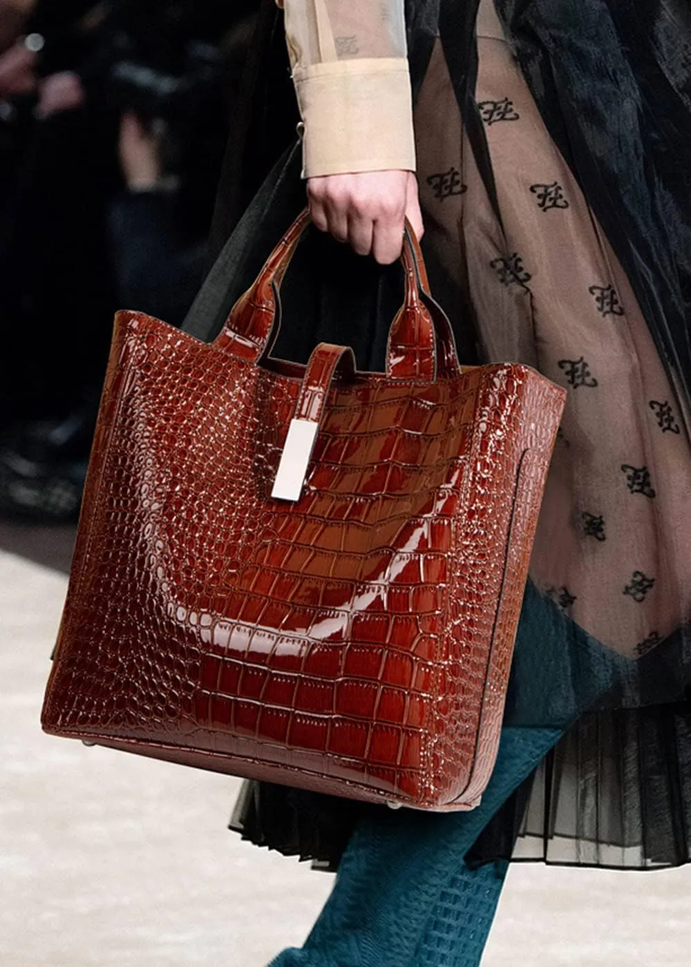 Women Crocodile Pattern Tote Bag Patent Leather Shoulder Bags Coin Purse