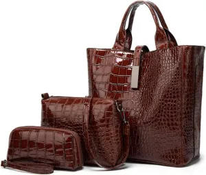 Women Crocodile Pattern Tote Bag Patent Leather Shoulder Bags Coin Purse