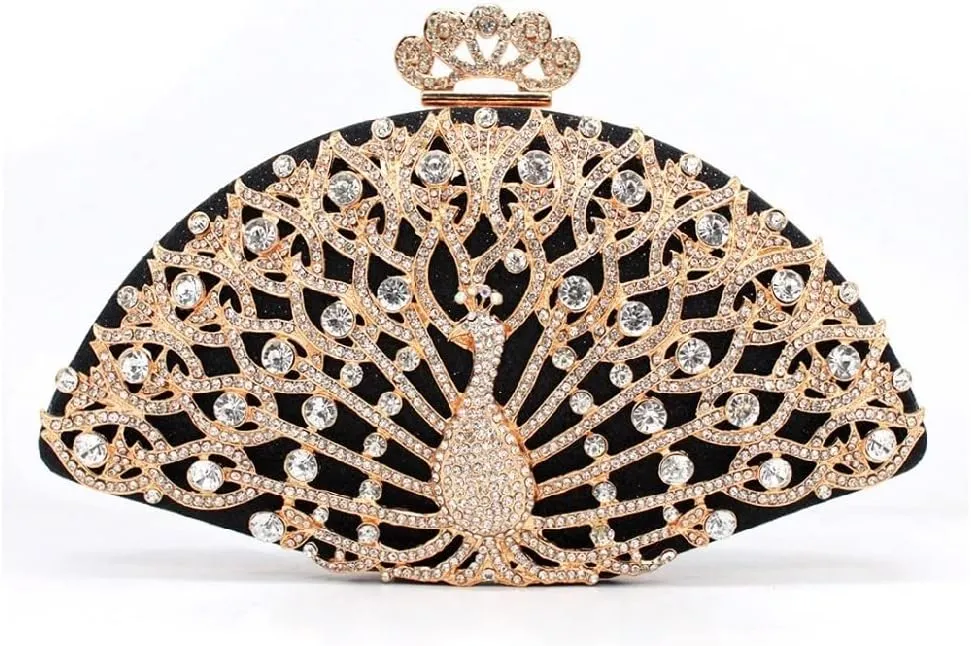 Women Evening Bag Golden Metal Crystal Evening Bag Clutch Handbag Ladies Wedding Bridal Party Bag (A, One Size)