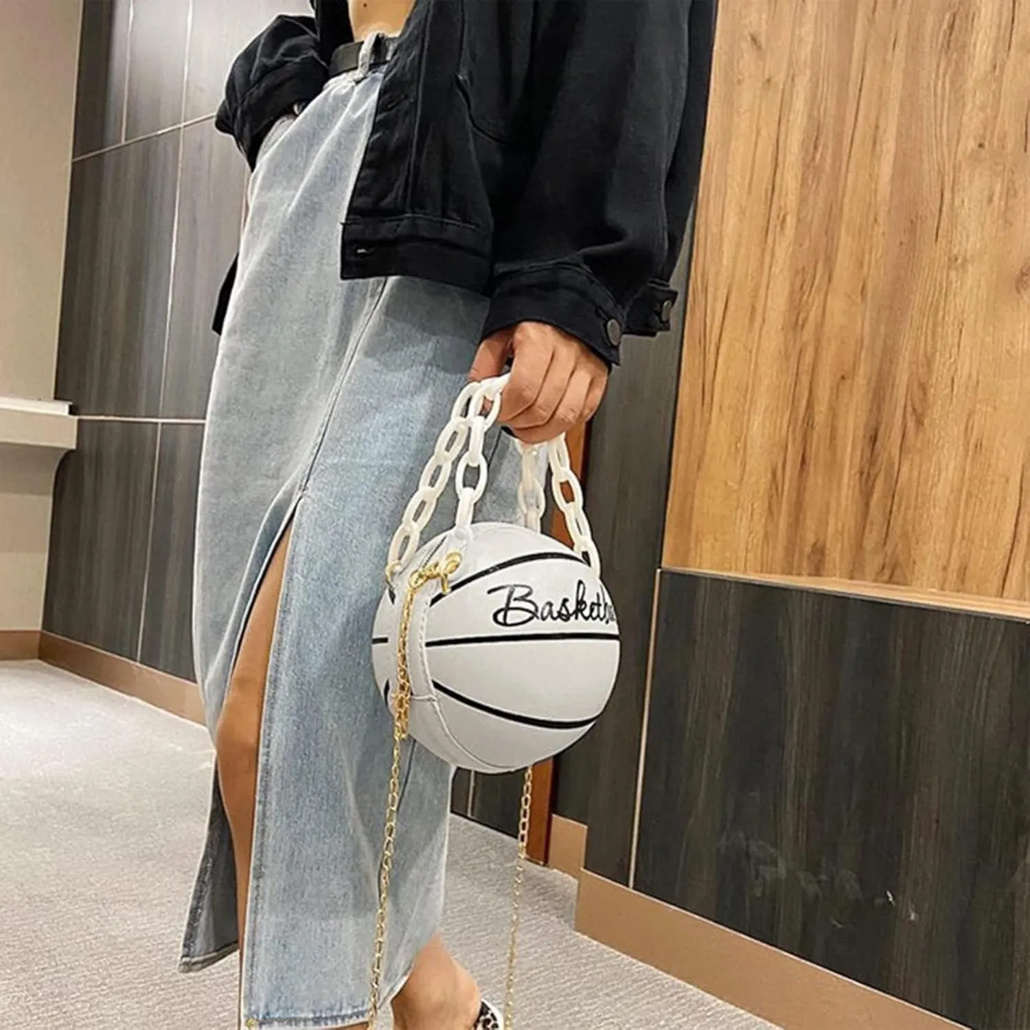Women Shoulder Bag Chain Basketball Shaped Purse Round Body Handbag Oversized Clutch for Women