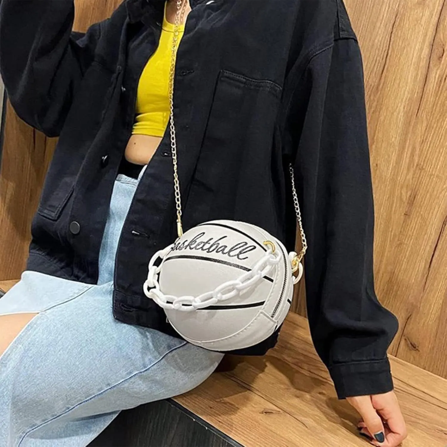 Women Shoulder Bag Chain Basketball Shaped Purse Round Body Handbag Oversized Clutch for Women