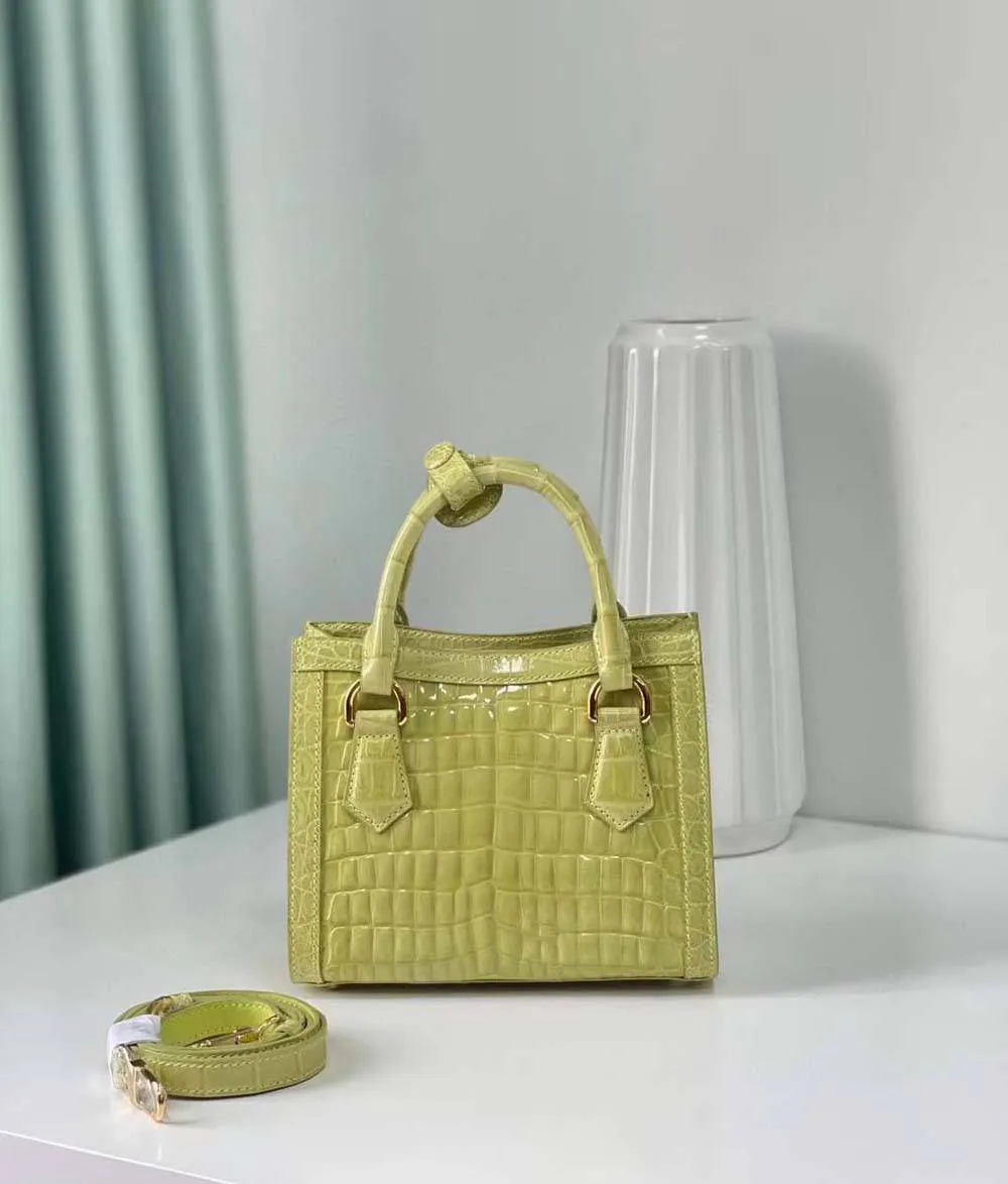 Womens Beaded Shiny Crocodile Leather Top Handle Bag Yellow