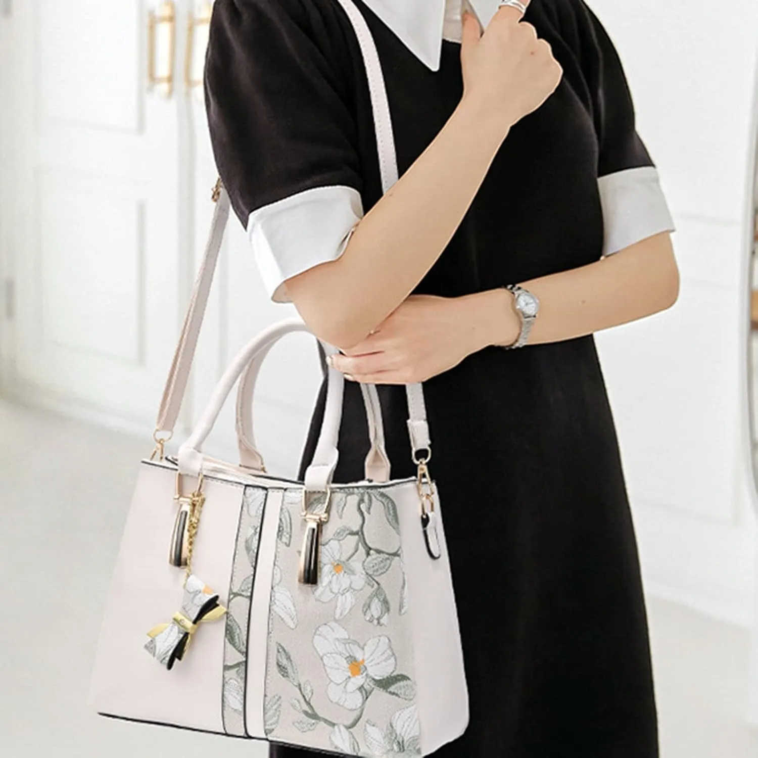 Women's Classic Satchel Bags Small Crossbody Bags Classic Double Zip Top Satchel Bag Versatile Travel Purse(White)