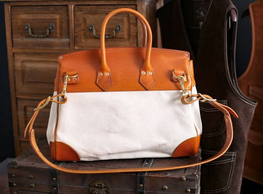 Womens Genuine Vintage Oil Wax Leather Top Handle Canvas Bag Large