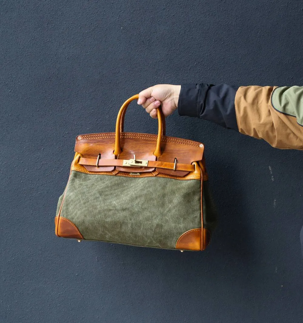 Womens Genuine Vintage Oil Wax Leather Top Handle Canvas Bag Large