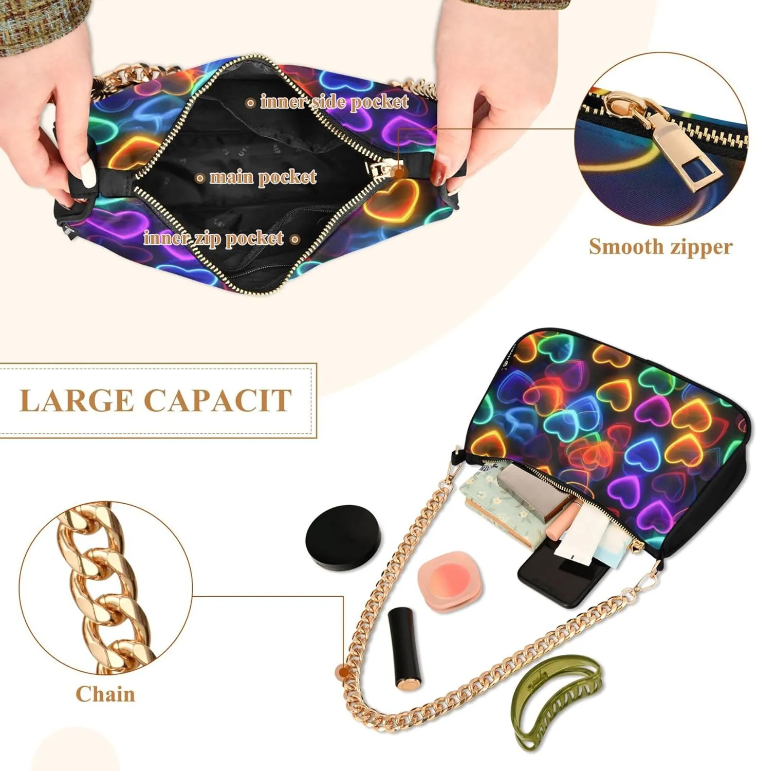 Women's Handbags Tote Crossbody Bag Stylish Purse Ladies Shoulder Bag Handbag 3d Neon Love Heart Crescent Bag
