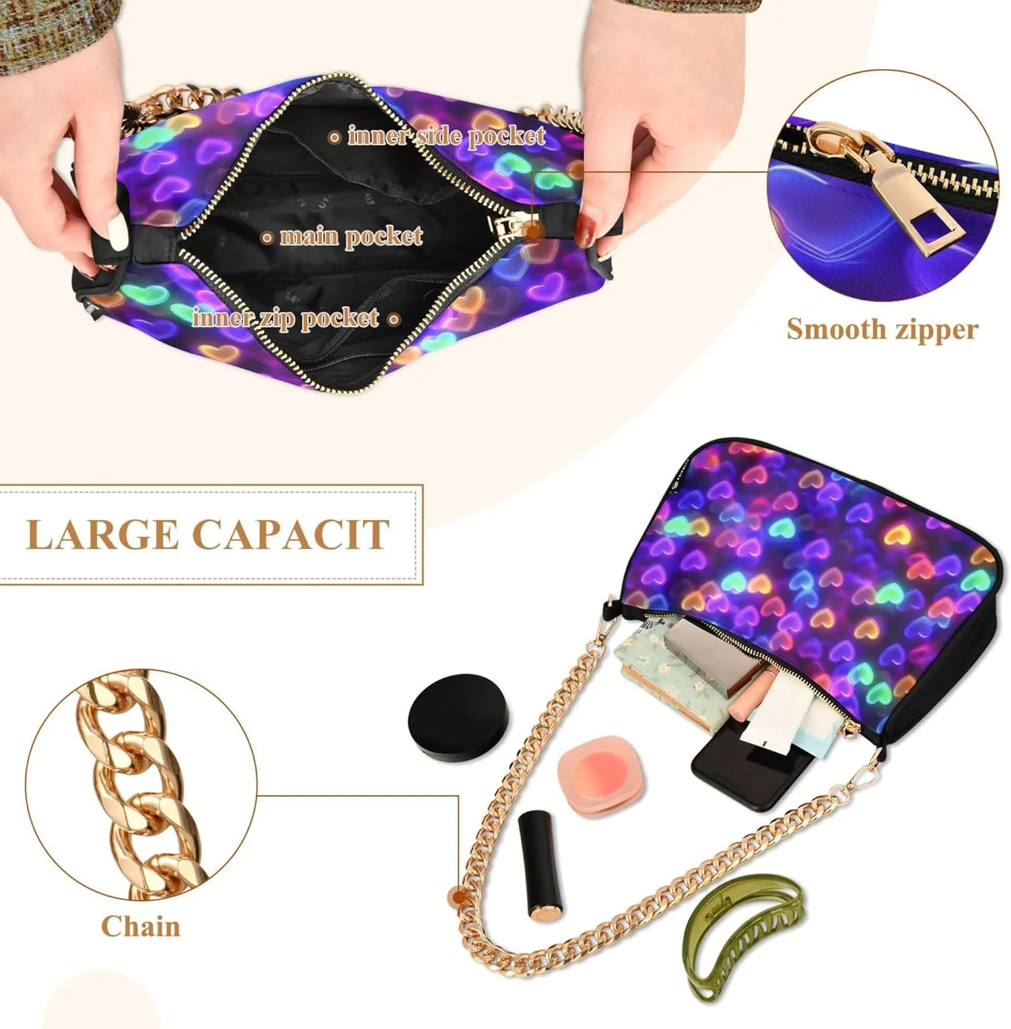 Women's Handbags Tote Crossbody Bag Stylish Purse Ladies Shoulder Bag Handbag 3d Neon Love Heart Crescent Bag
