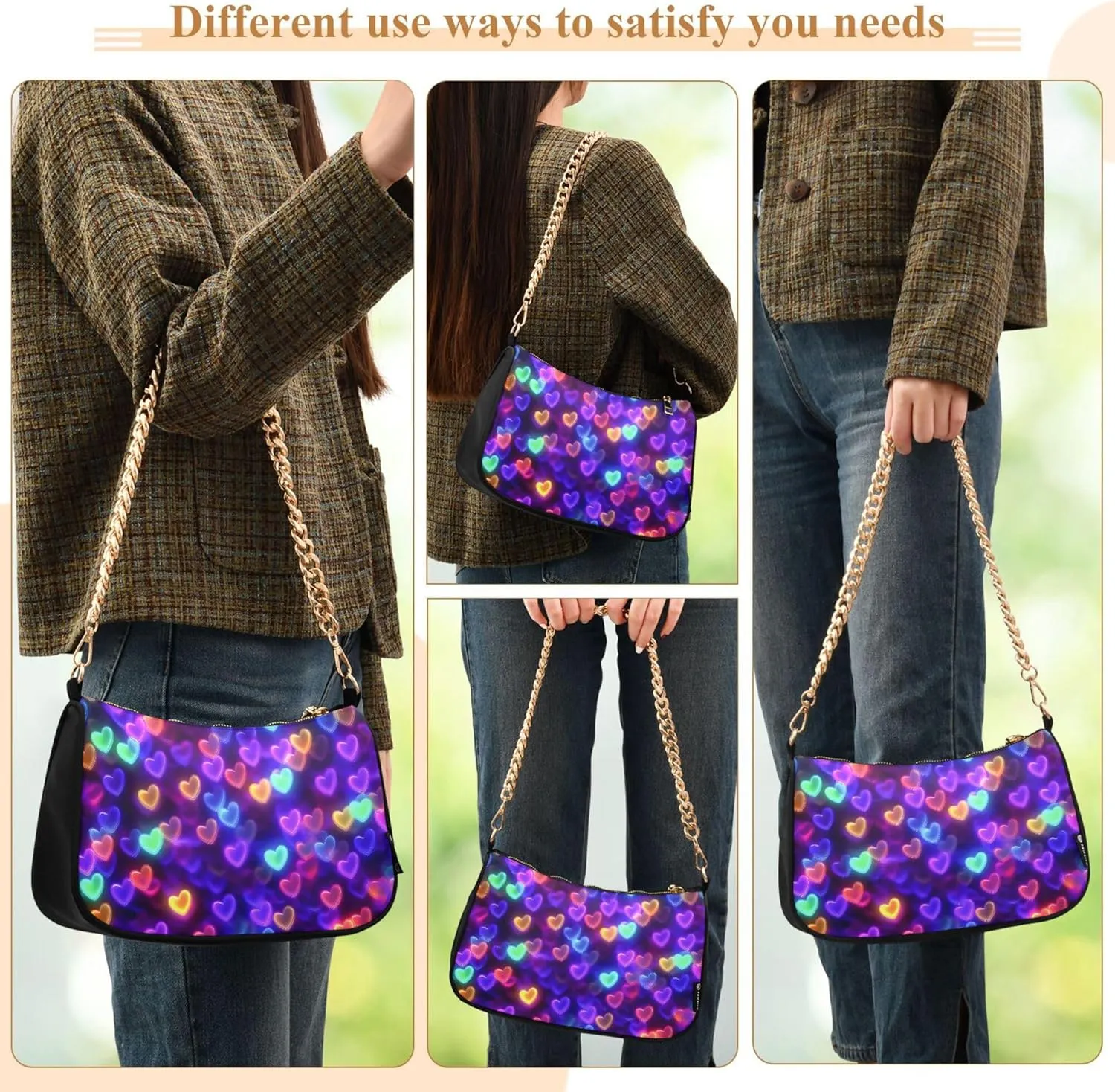 Women's Handbags Tote Crossbody Bag Stylish Purse Ladies Shoulder Bag Handbag 3d Neon Love Heart Crescent Bag