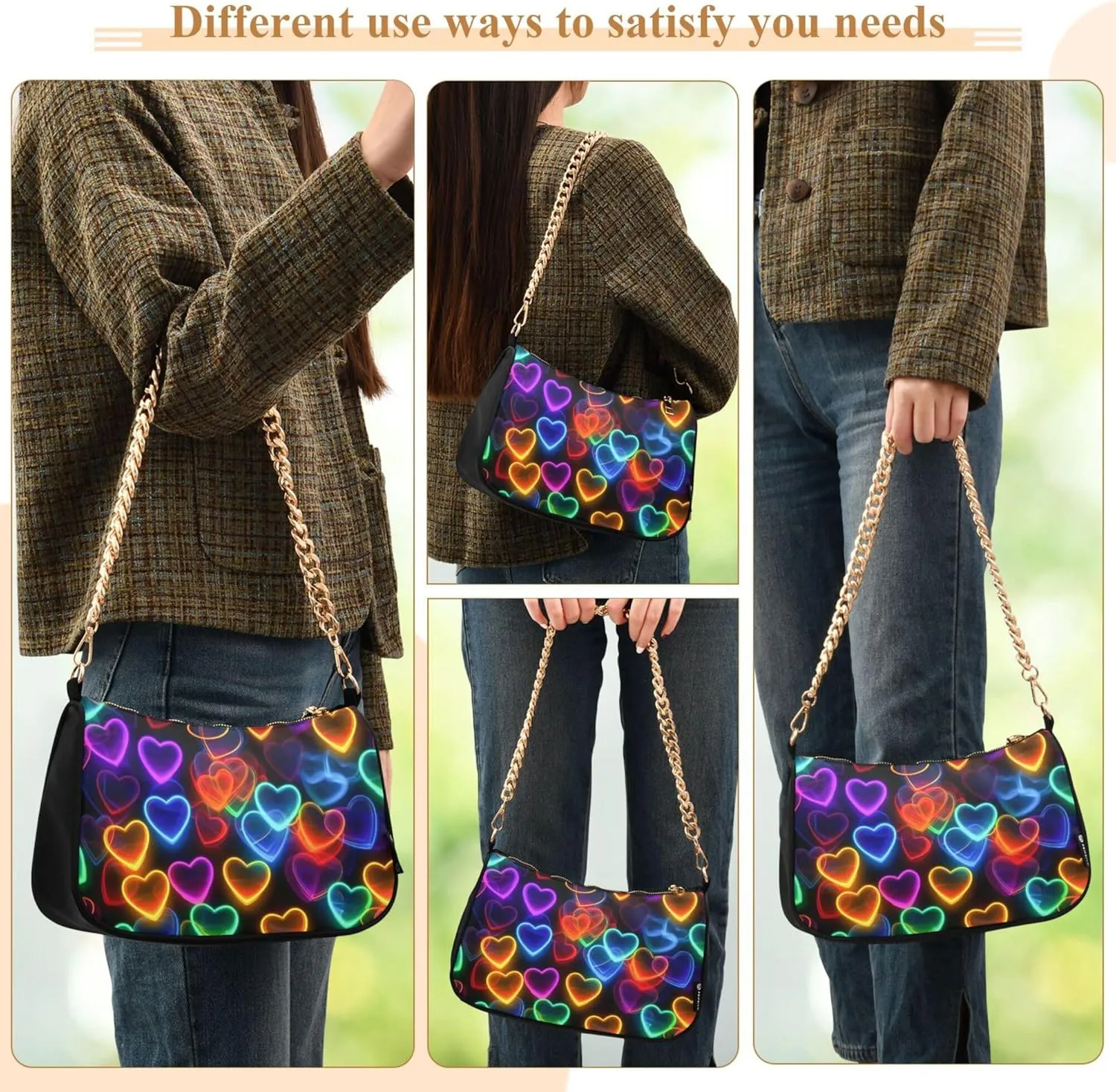 Women's Handbags Tote Crossbody Bag Stylish Purse Ladies Shoulder Bag Handbag 3d Neon Love Heart Crescent Bag