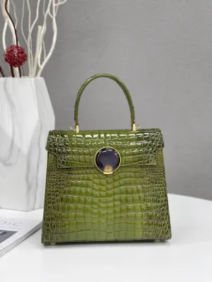 Women's High Glossy Beaded Crocodile Leather Top Handle  Cross Body Bag