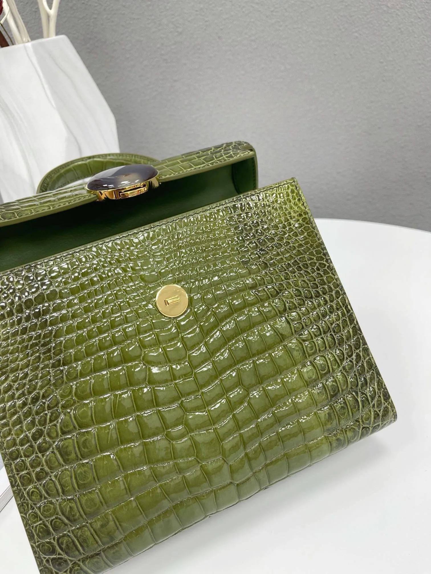 Women's High Glossy Beaded Crocodile Leather Top Handle  Cross Body Bag